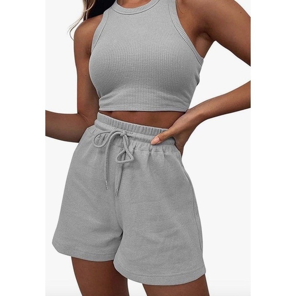 2 Piece Shorts Lounge Set Pajamas Casual Short Crop Tank Dark Gray Ribbed M C508